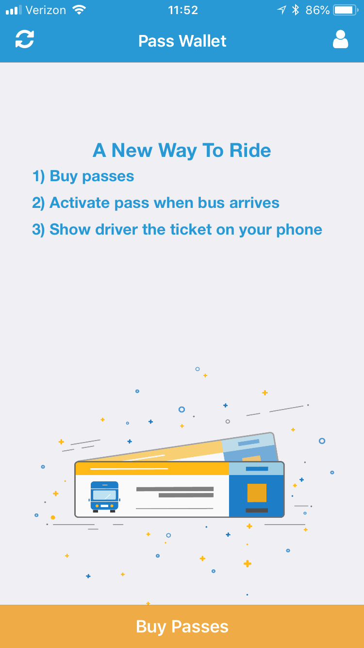 Token Transit app screenshot showing process of buying passes